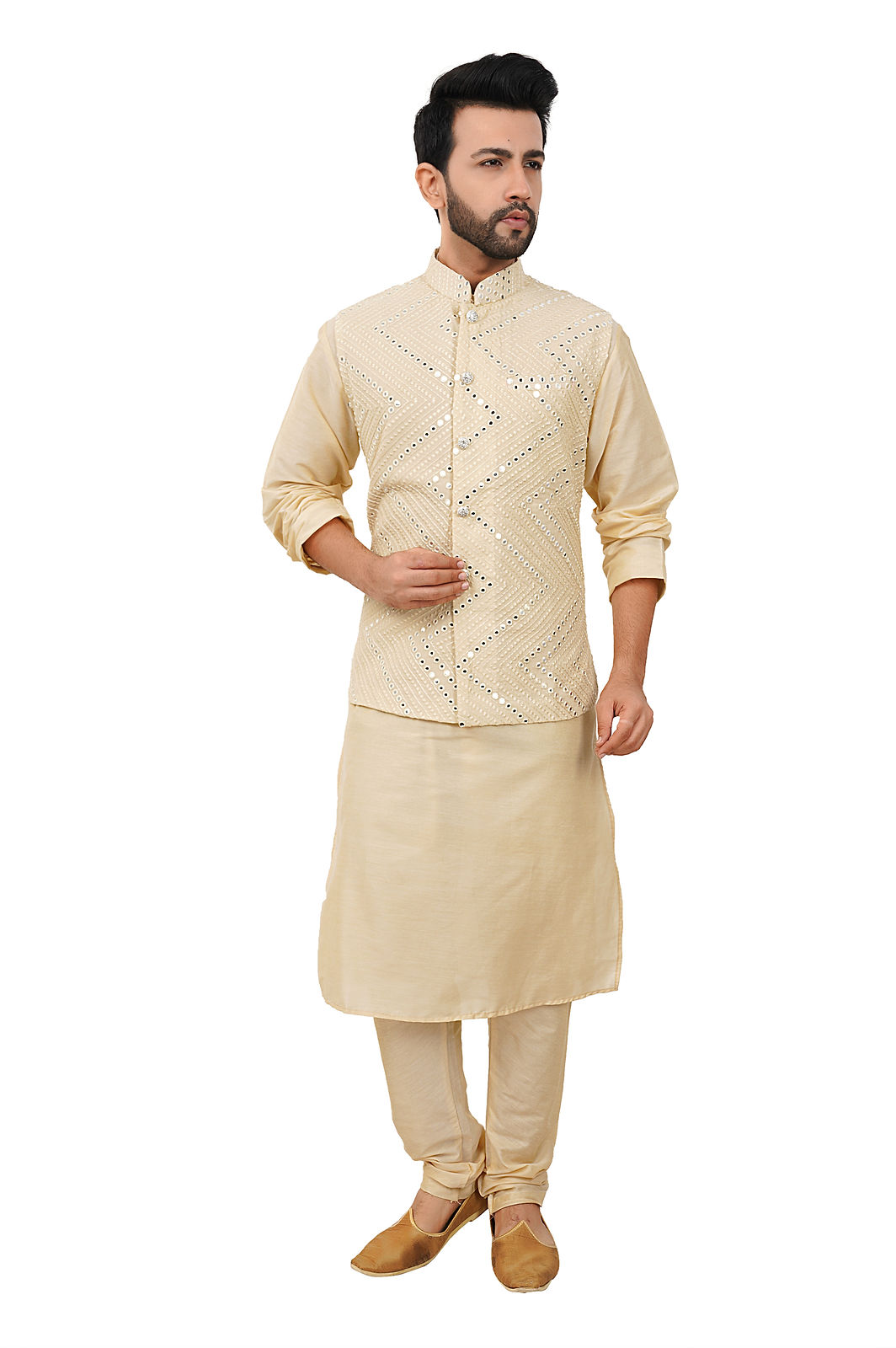 Men’s Mirror Work Ethnic Waist Coat/Nehru Koti in Cream 