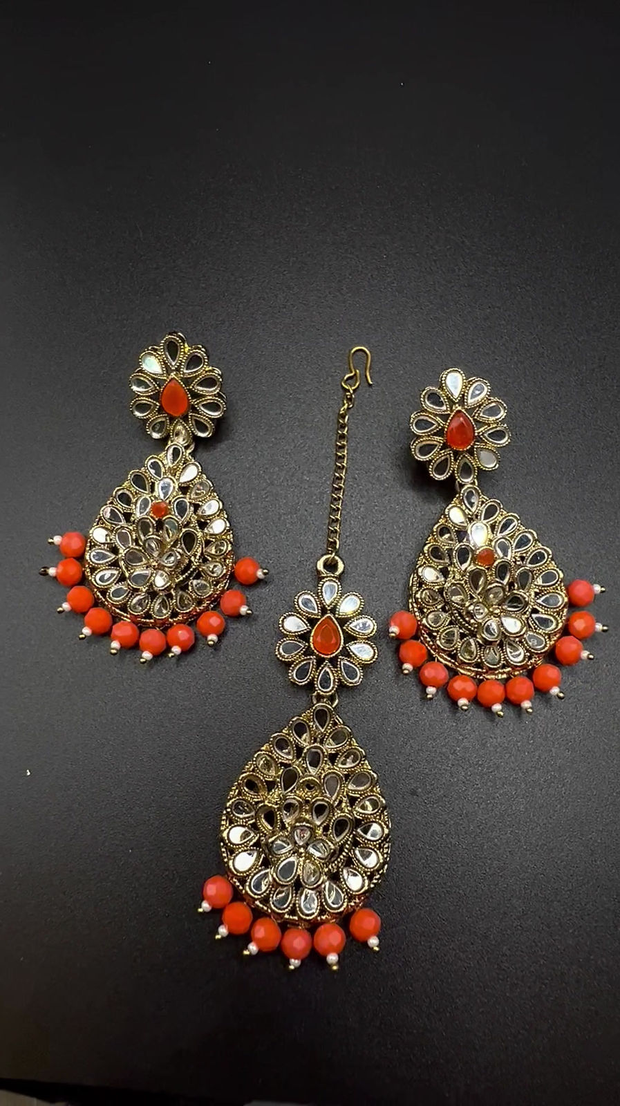 Orange Mirror Work Earrings & Maang Tika Set