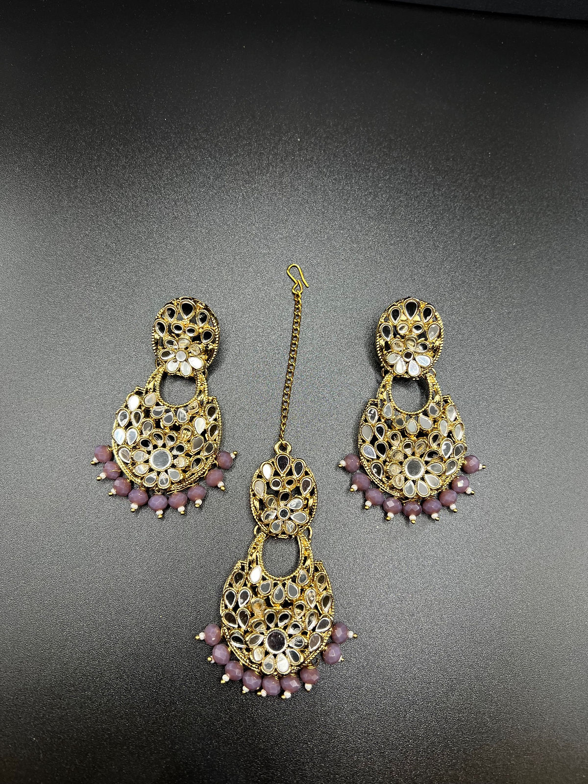 Purple Mirror Work Earrings & Maang Tika Set