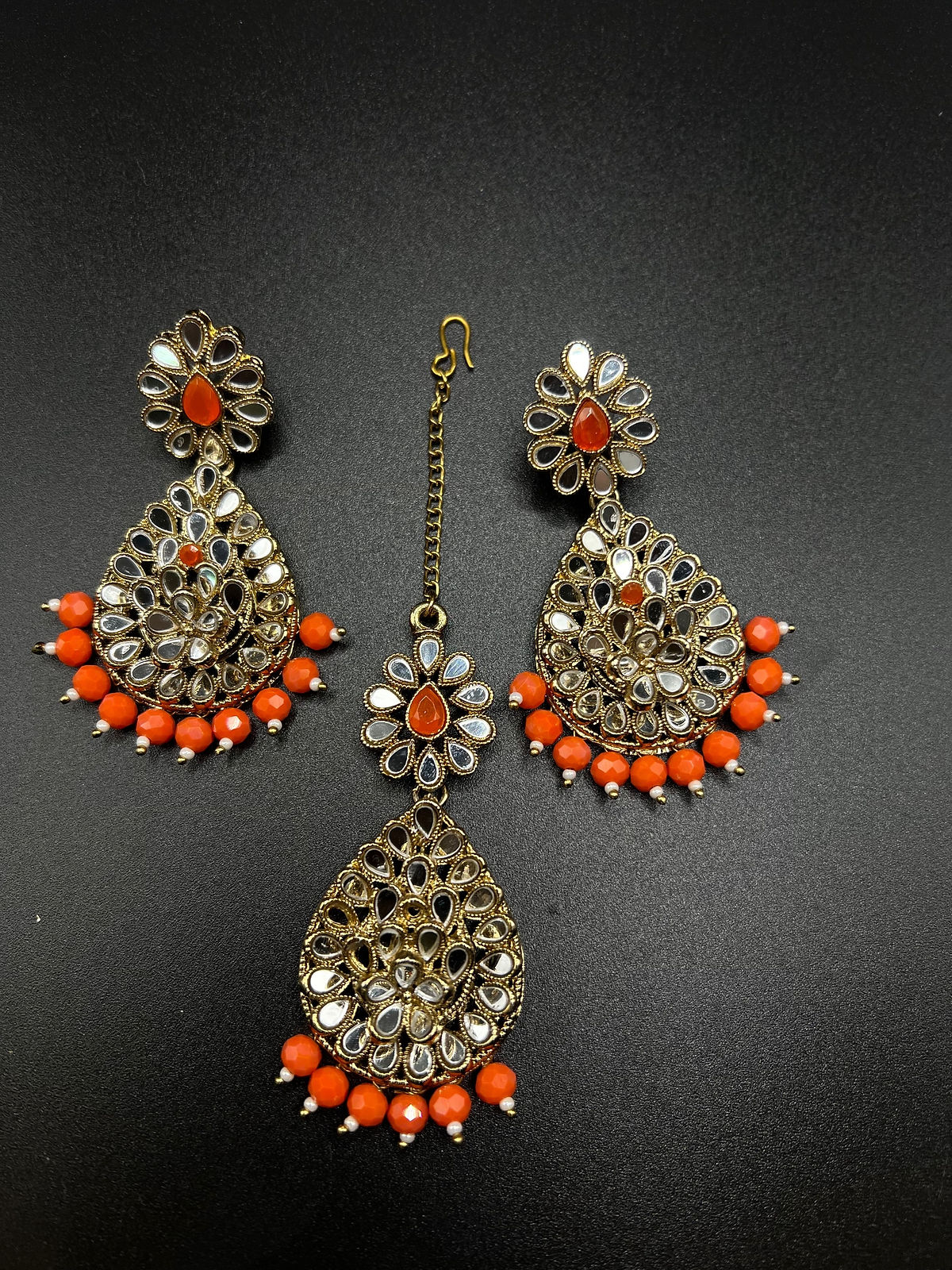 Orange Mirror Work Earrings & Maang Tika Set