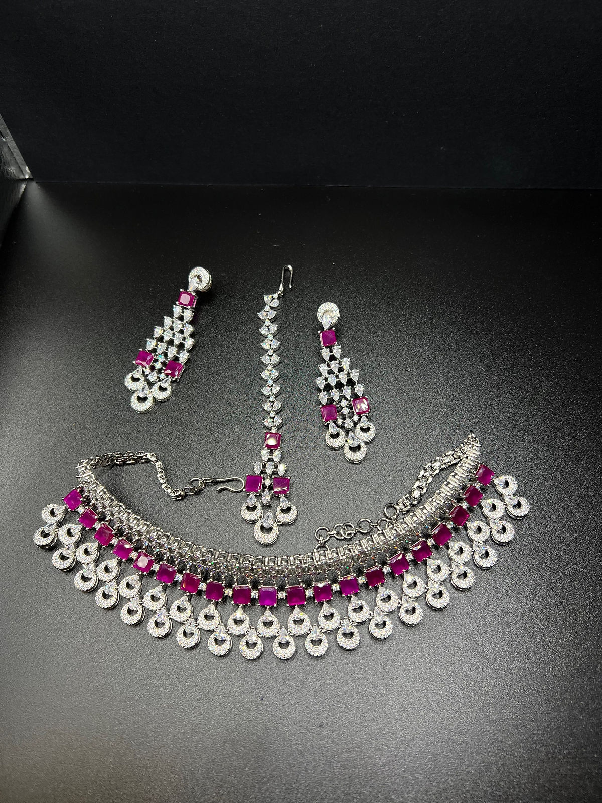 Pink & silver necklace set with earrings and maang tika