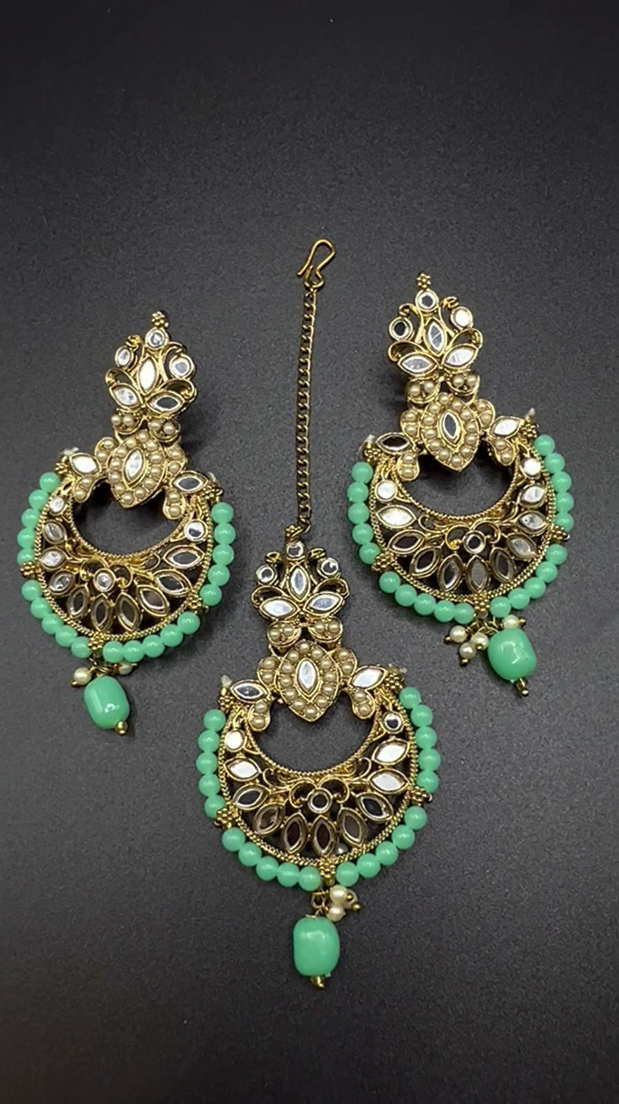 Seafoam green mirror work earrings and tika set
