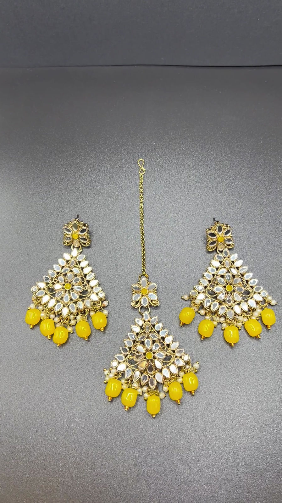 Yellow Mirror Work Earrings & Maang Tika Set