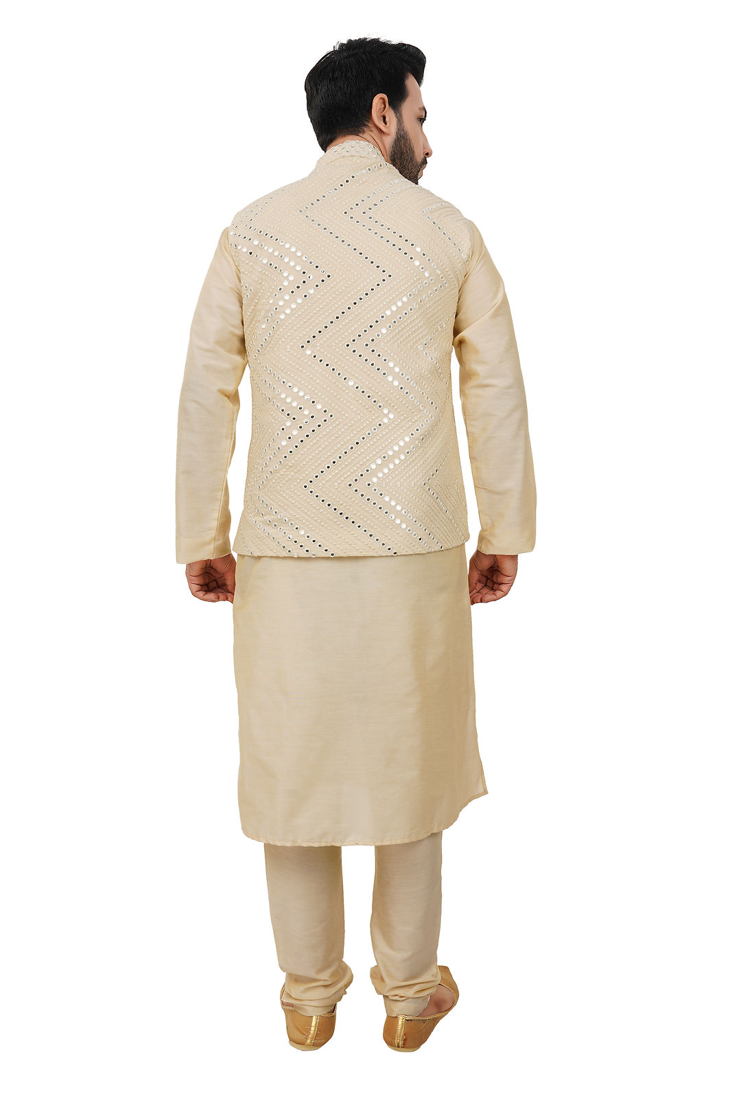 Men’s Mirror Work Ethnic Waist Coat/Nehru Koti in Cream 