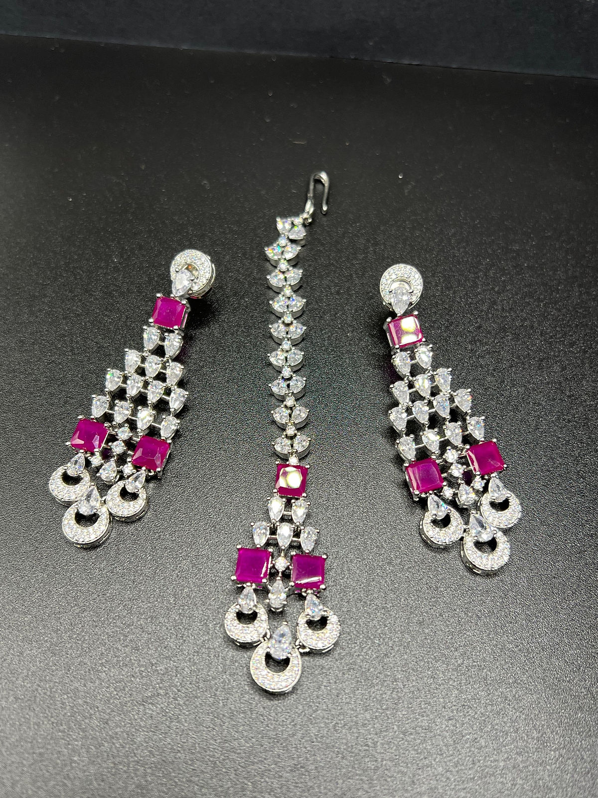 Pink & silver necklace set with earrings and maang tika