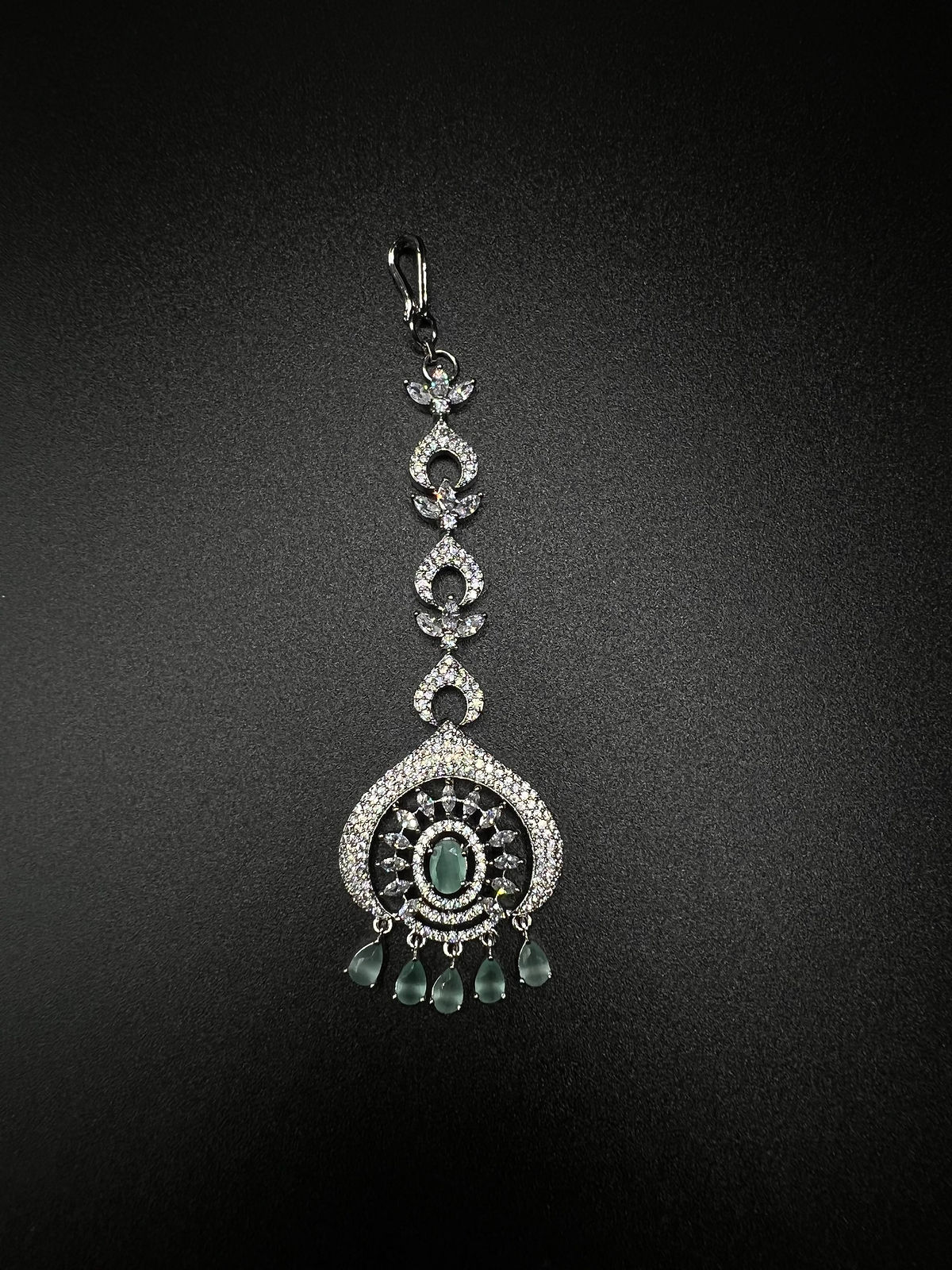 Silver & sea green maang tika