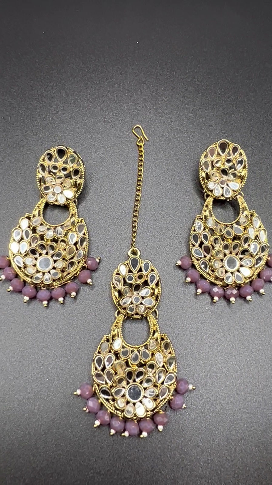 Purple Mirror Work Earrings & Maang Tika Set