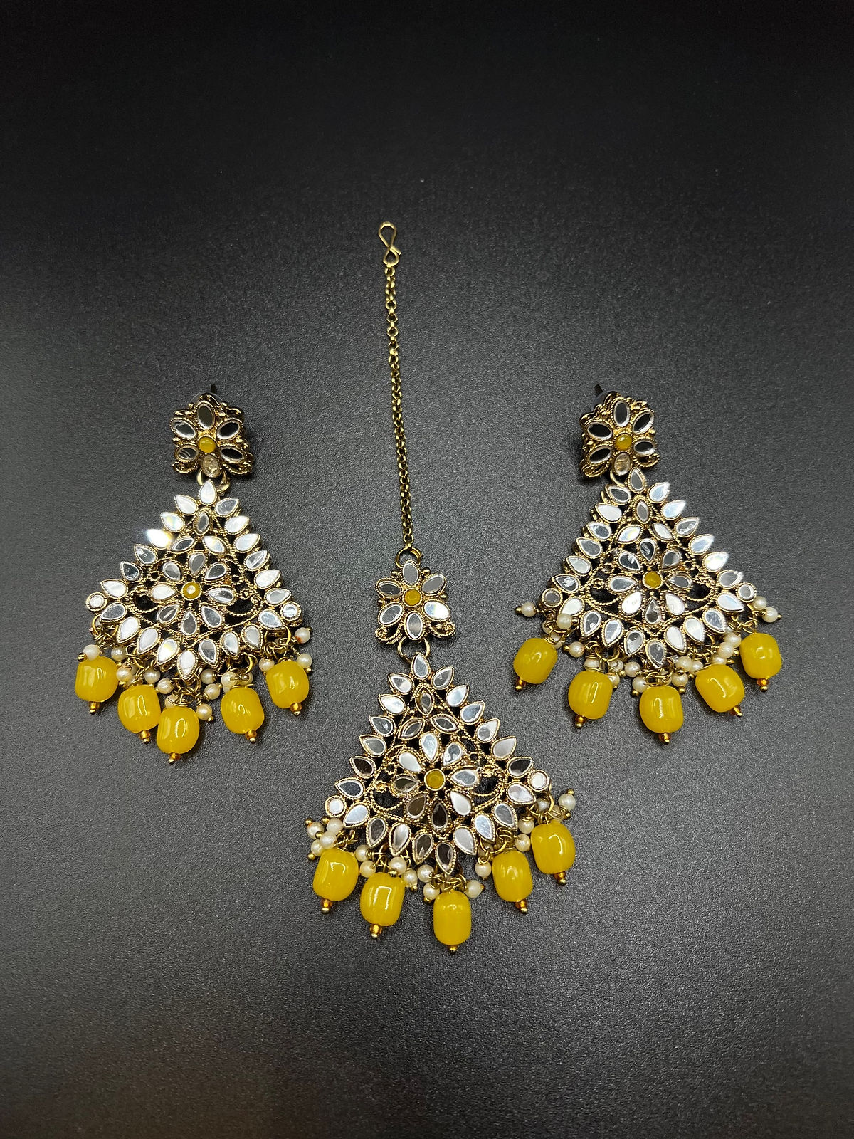 Yellow Mirror Work Earrings & Maang Tika Set