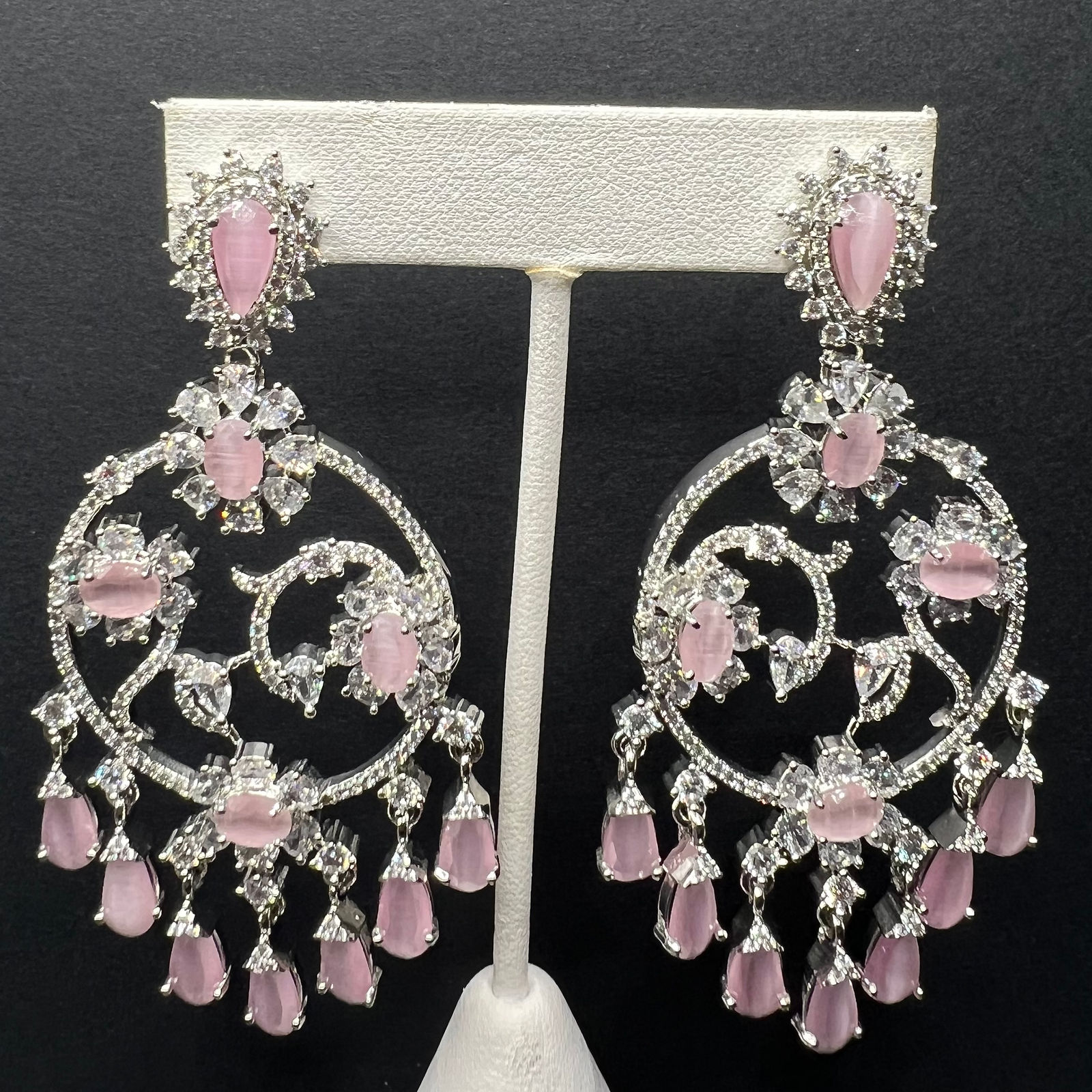 Silver & Pink Chandbali Earrings