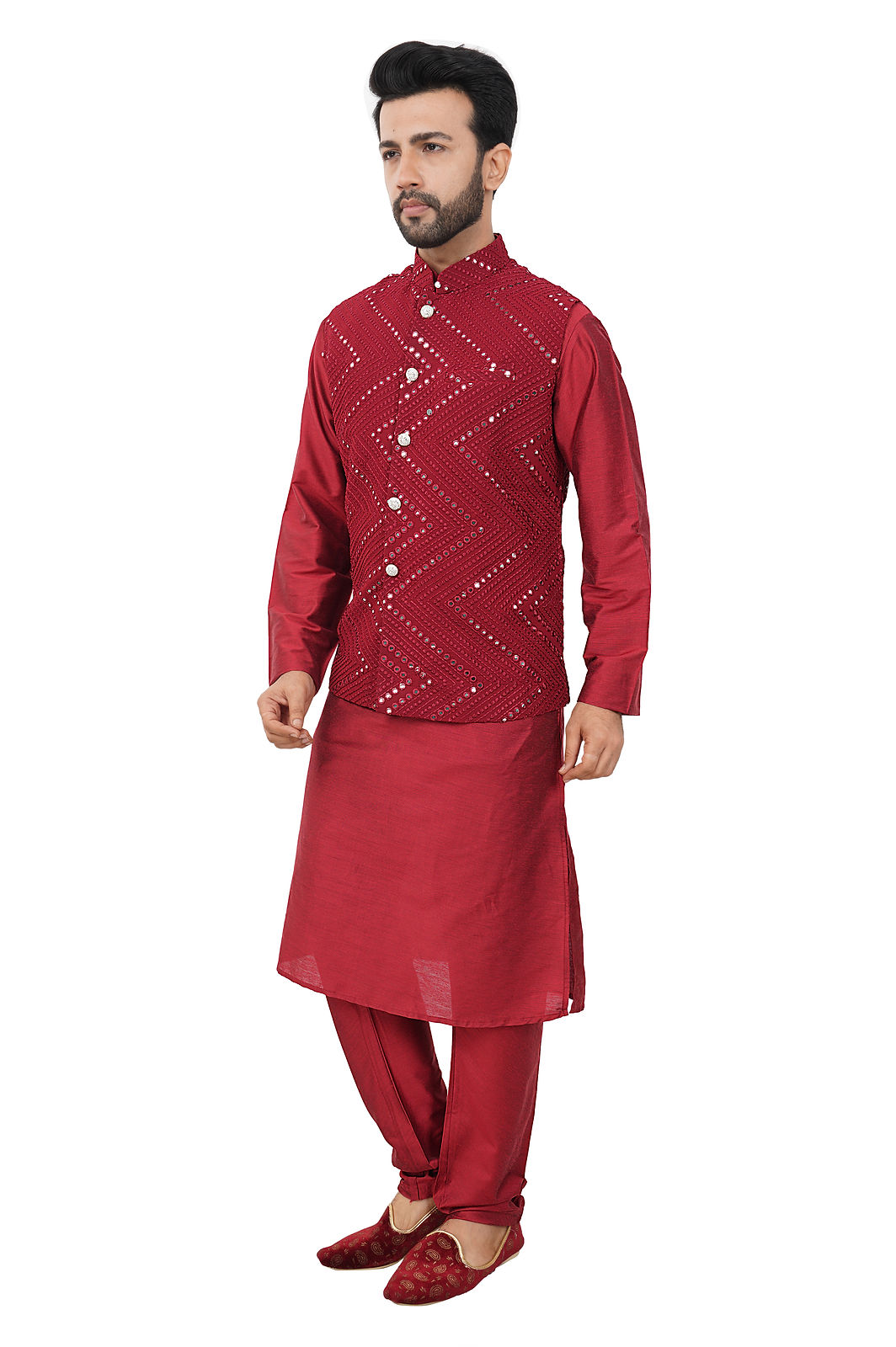 Men’s Mirror Work Ethnic Waist Coat /Nehru Koti in Maroon 