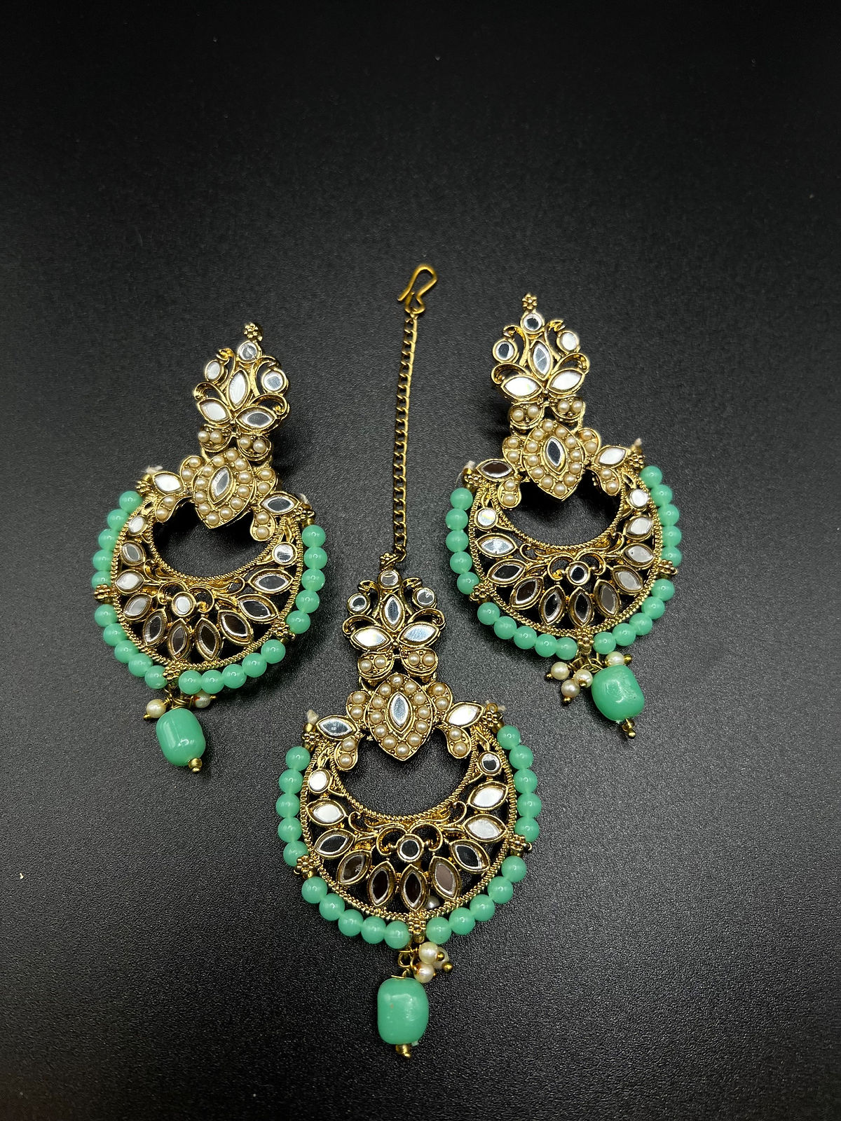 Seafoam green mirror work earrings and tika set